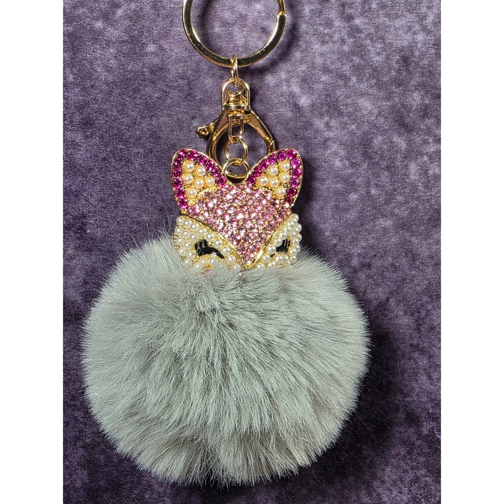 Crystal Rhinestone Fox Pom Pom Keychain Grey Faux Fur Gold Tone Bag Charm‎ Strap